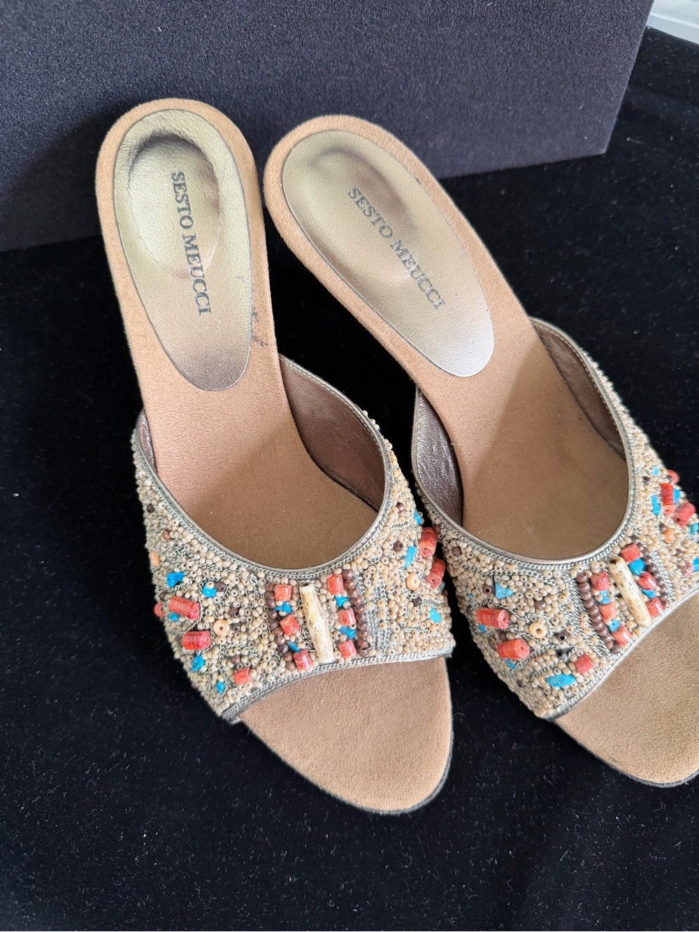 Sesto Meucci Tan Beaded Slide Mules with Coral & Turquoise Accents